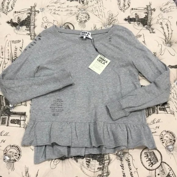Pam & Gela Women's Sweater Gray Ruffle Hem Ripped - Picture 2 of 6